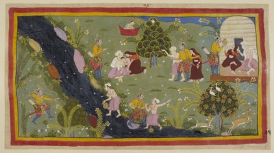 Add 15296 (1) f.79r. Dasaratha は若い頃、狩猟中に賢者の息子を誤って殺してしまった事件について女王たちに話します。 左のダシャラタは、反対側の水差しに水を入れている若者に誤って弓を向けています。 作： Indian School