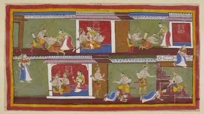 追加 15296 (1) f.89r、右上で、バラタとシャトルグナはカイケーイーに挨拶し、カイケーイーは彼女の膝の上に乗って、最近の出来事について話し合っています。 父親の死と母親が安全を確保するために何をしたかを聞くと、バラタは気を失います。 作： Indian School