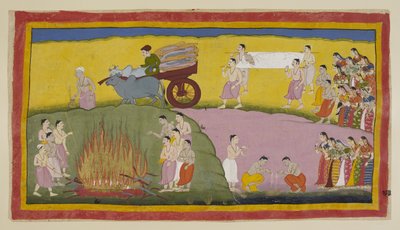15296 (1) f.93r を追加。ダシャラタの遺体は大釜の油から取り出され、4 人の男に担がれた担架に乗せられ、サライ川のほとりにある焼却場に運ばれました。 その前には木材を積んだ牛車があり、その後に牛車が続きます。 作： Indian School