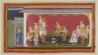 追加 15296 (1) f.96r、バラタとシャトルグナは父親の葬儀を執り行い、14 日後、定められた服喪期間の後、ヴァシスタが率いる司祭と聖職者が戴冠式に必要な品物をバラタに届けます。 作： Indian School