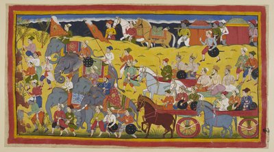 15296 (1) f.97r を追加。王子たちは教祖、牧師、軍隊を率いて森に向かい、道を作るために木を伐採する男たちと王族の象が先行した。 2頭の同腹児が女王を運び、その前に2頭の導かれた乗馬馬が続きます。 作： Indian School