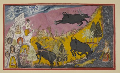 15296 (2) f.11r を追加すると、スグリーヴァはラーマとラクシュマナに弟のバがどれほど強力かを伝えます。 作： Indian School