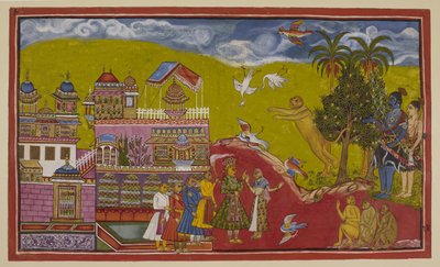 Add 15296 (2) f.14r, Sugriva とその同盟国は Kiskindha にある Bali の宮殿にやってきた。 スグリーバは、鳥が恐怖で空から落ちるほどの効果で彼の挑戦を吠えます。 Bali、彼の女王Tara、および彼の大臣は、騒動を聞いて現れました。 目 作： Indian School