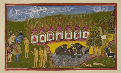 追加 15296 (2) f.15r、スグリーヴァは敗北し、ラーマを助けなかったことを非難しますが、ラーマは彼に自分と弟の区別がつかなかったと言いました。 挑戦を再開するためにキスキンダに戻る途中、ラーマとラクシュマナはサプタジに敬礼します。 作： Indian School