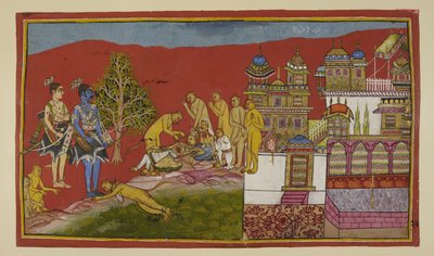 追加 15296 (2) f.24r、宮殿の外で、Bali は死にかけています。 Tara とその息子の Angada が宮殿から現れて彼を嘆き悲しむと、Hanuman と他のサルが彼らを慰めます。 Bali は失神から復活し、Sugriva に王国を去ることを伝えます。 作： Indian School