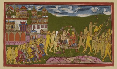 追加 15296 (2) f.43r、Sugriva と Laksmana は、Kiskindha からサルによって運ばれる金色のごみで運ばれます。 作： Indian School