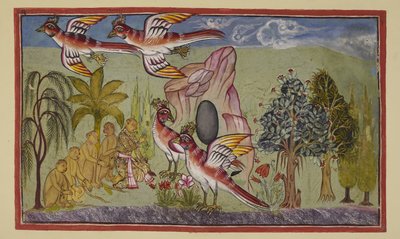 15296 (2) f.74r を追加します。サンパティの翼は、シーターがどこに連れ去られたかを知ることによって世界に奉仕し、それによってラーマが彼女を取り戻すことができるようになるという予言に従って、再び成長します。 サルたちは不思議そうに叫びます。 作： Indian School