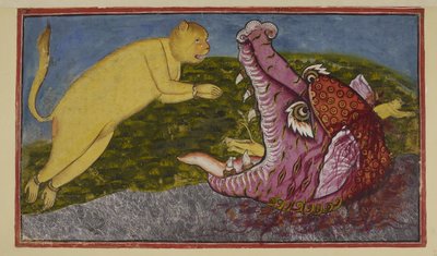 追加 15296 (2) f.86r、海の底に住む蛇の母スラサーは、ハヌマーンを試すように神々に迫られ、赤い巨大な顎を持つ偉大な海の怪物に変身しました。 紫と牙。 彼女がどんなに広げても 作： Indian School