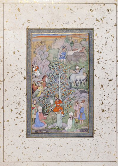 アレクサンダーは哲学者、医師、杯を問う、c.1610（紙に不透明なトイレと金） 作： Indian School