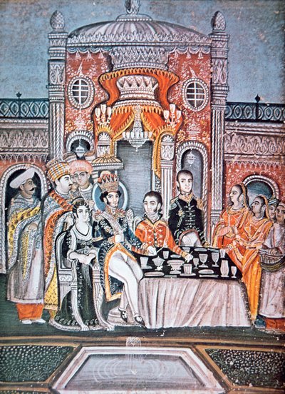 インドの王子がイギリスの役人を接待する様子 1810年頃 紙にガッシュ 作： Indian School
