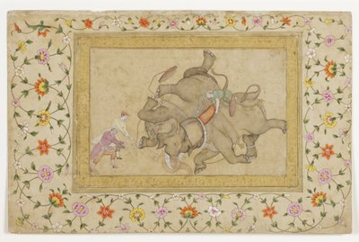 象の戦闘、ボーダーフローラルアラベスク、c.1610（不透明なトイレと紙の上の金） 作： Indian School