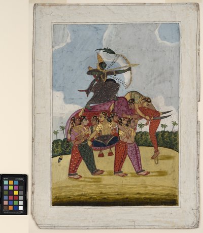 踊る女性で構成された象の合成物は、射手へのマウントとして機能します。1825年頃（不透明な水彩画と紙に金） 作： Indian School
