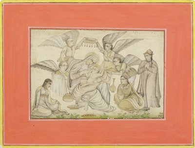 天使たちがメアリーとイエスに出席する、1665年頃（紙に不透明なトイレと金） 作： Indian School