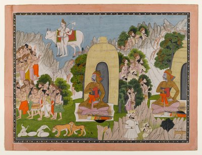 アルジュナスの苦行、マハーバーラタシリーズのシーン、1825〜40年頃（WCと紙に金） 作： Indian School