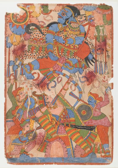 アルジュナスの戦いにおける英雄的な偉業、マハーバーラタシリーズ、c.1830-50（紙にインクと色） 作： Indian School