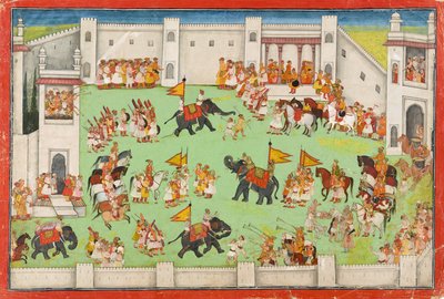 宮殿に新郎が到着、ラーマーヤナのフォリオ、1640〜1650年頃 作： Indian School