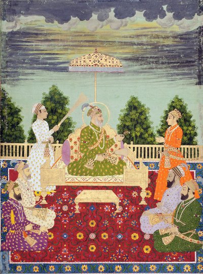バハードゥル・シャーと4人の息子と孫、1710年頃（水彩と紙に金） 作： Indian School