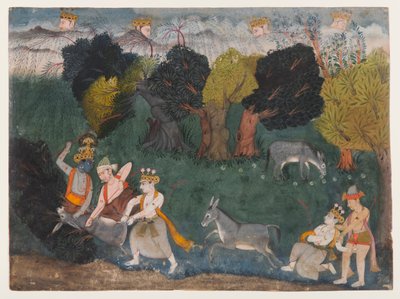 Balarama Kills the Ass Demon、分散したBhagavata Puranaシリーズのページ、1725年頃（紙に不透明な水彩と銀） 作： Indian School