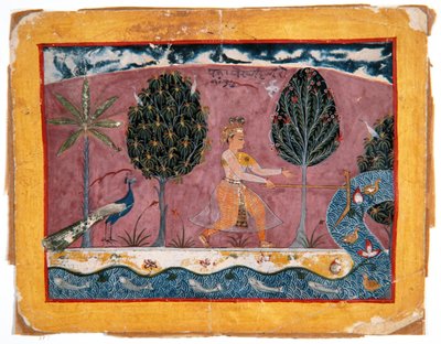 ジャムナ川での彼の耕作地とのバララマ、1590〜1600年頃（不透明なトイレと紙の上の金） 作： Indian School