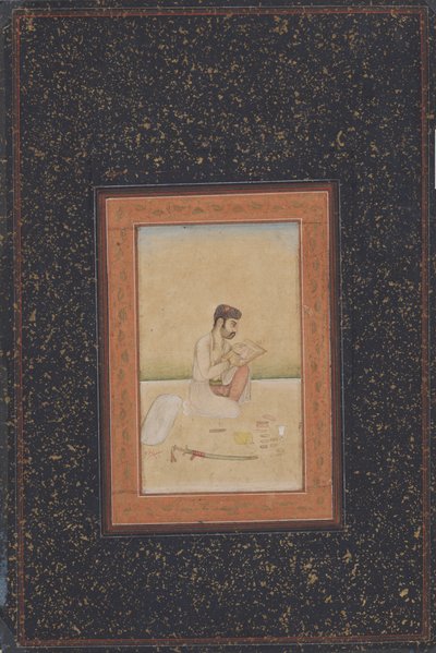 眼鏡をかけた画家Behzad（紙にインク、カラー、ゴールド） 作： Indian School