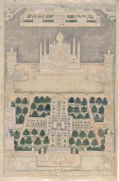 1790〜1810年のアグラでのタージマハルの鳥瞰図 作： Indian School