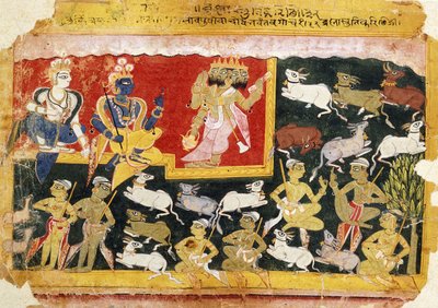 ヴィシュヌの化身としてクリシュナに敬意を捧げるブラフマー、1540-1575年頃 作： Indian School
