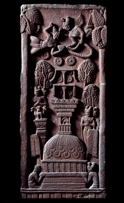 仏教では"Mahaparinirva a ou parinirvana, end of the earthly existence of the Buddha, reaching the nirvana" (Parinirvana, final nirvana, which which is performed by the death of Buddha) detail du stupa de Bharhut (Barhut, Barouth) 黒のローレリーフ 作： Indian School