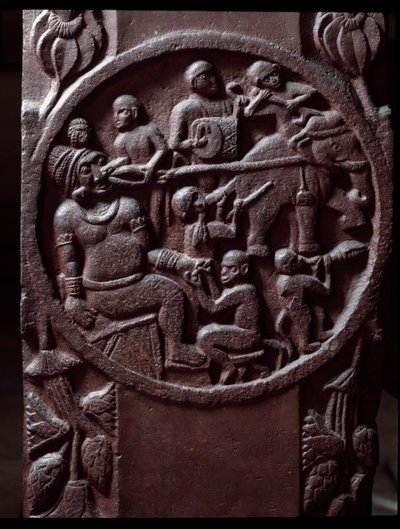仏教。"猿が象を捕らえて、巨人の歯を抜くために引きずっている" detail du stupa de Bharhut (Barhut, Barouth) 黒い石の低層レリーフ、紀元前2世紀 - カルカッタ、インドの博物館 作： Indian School