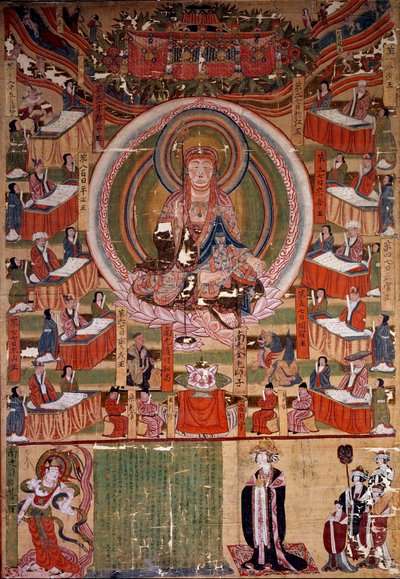 仏教「6つの条件と地獄の10王（地蔵菩薩）のマスターである菩薩（または菩薩）Ti-tsang」 983年の絵画、インド。薄暗い。0.22×0.4m パリ、ギメ美術館、国立アジア美術館 作： Indian School