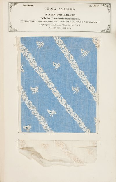 1866年に出版されたジョンフォーブスワトソンによる、インドの織物製造業者のコレクションからのベンガルのダッカからのチカン刺繍モスリンサンプル 作： Indian School