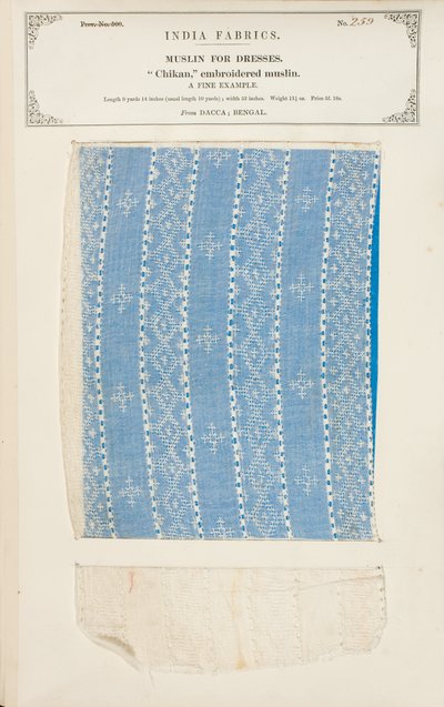 1866年に出版されたジョンフォーブスワトソンによる、インドの織物製造業者のコレクションからのベンガルのダッカからのチカン刺繍モスリンサンプル 作： Indian School