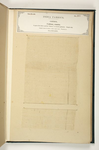 1866年に出版されたジョンフォーブスワトソンによるインドの繊維製造業者のコレクションからの粗い綿、ベナレス 作： Indian School