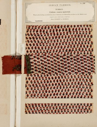 1866年に出版されたジョンフォーブスワトソンによる、インドの繊維製造業者のコレクションからのマドラスのSydapetからの粗いコットンターバンのサンプル 作： Indian School