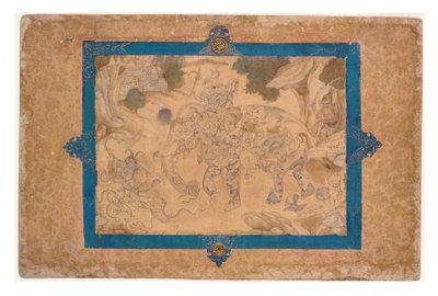 複合象とその他の生き物、1600年頃（紙に不透明なトイレと金色） 作： Indian School