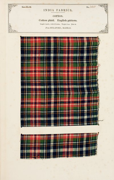 1866年に出版されたジョンフォーブスワトソンによる、インドの繊維製造業者のコレクションからのマドラスのマイラポアからの綿の格子縞のサンプル 作： Indian School