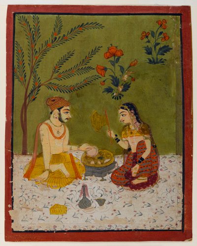 木の下に座ったカップル、1700年頃（トイレと紙に金） 作： Indian School