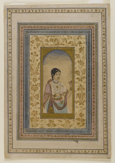 18世紀の窓の遊女（紙にトイレ、金、インクの洗浄） 作： Indian School