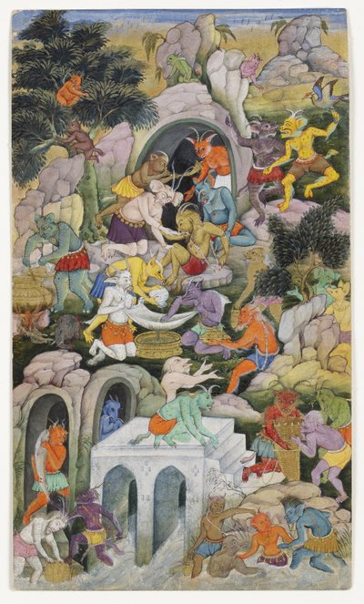 野生の風景の中の悪魔、1600年頃（紙に不透明なトイレと金） 作： Indian School