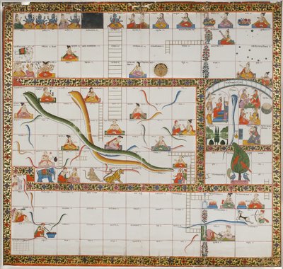ヘビとはしごのゲームのデザイン、1800（布に取り付けられた紙にガッシュ） 作： Indian School