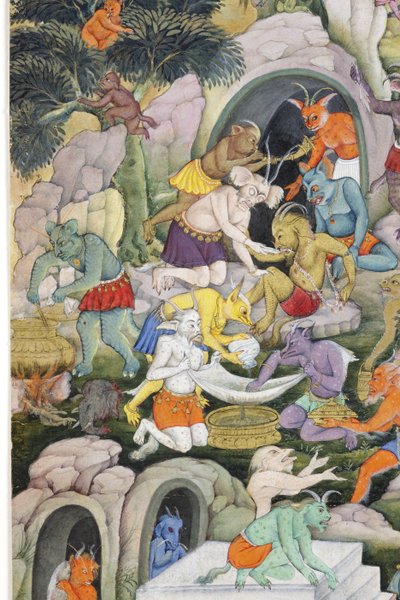 野生の風景の中の悪魔の詳細、1600年頃（紙に不透明なトイレと金） 作： Indian School