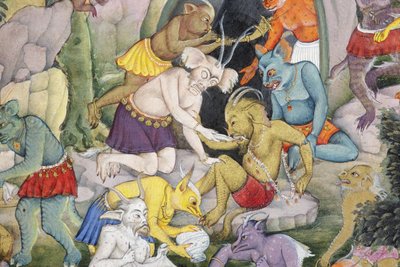 野生の風景の中の悪魔の詳細、1600年頃（紙に不透明なトイレと金） 作： Indian School