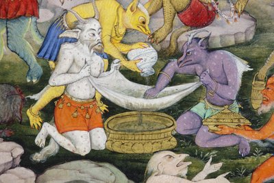 野生の風景の中の悪魔の詳細、1600年頃（紙に不透明なトイレと金） 作： Indian School