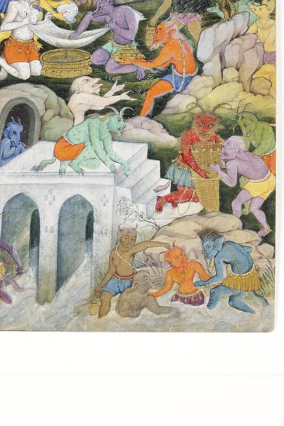 野生の風景の中の悪魔の詳細、1600年頃（紙に不透明なトイレと金） 作： Indian School