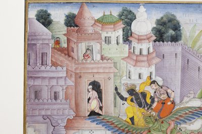 クリシュナからの詳細は、彼の円盤投げでデーモンNarakasuraを切り裂きます。1585-90年頃（紙に不透明なトイレとゴールド） 作： Indian School