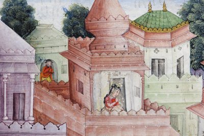 クリシュナからの詳細は、彼の円盤投げでデーモンNarakasuraを切り裂きます。1585-90年頃（紙に不透明なトイレとゴールド） 作： Indian School