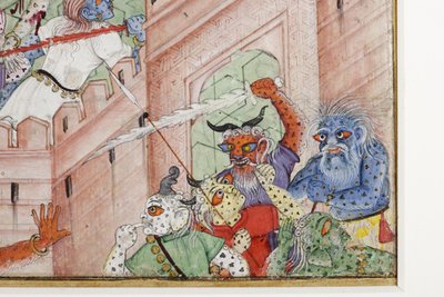 クリシュナからの詳細は、彼の円盤投げでデーモンNarakasuraを切り裂きます。1585-90年頃（紙に不透明なトイレとゴールド） 作： Indian School