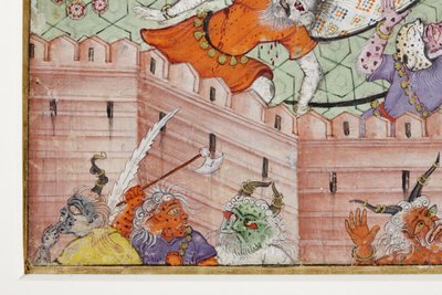 クリシュナからの詳細は、彼の円盤投げでデーモンNarakasuraを切り裂きます。1585-90年頃（紙に不透明なトイレとゴールド） 作： Indian School