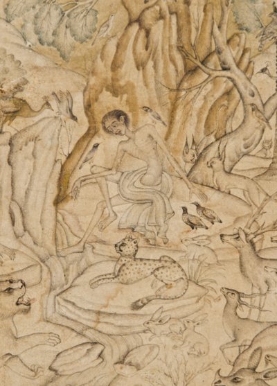 荒野のマジヌンの細部、1595年頃（不透明なトイレと紙に金色） 作： Indian School
