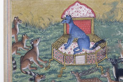 彼自身のキングを発音したジャッカルからの詳細、c.1560-65（紙に不透明なトイレと金） 作： Indian School