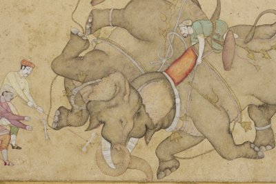象の戦闘の詳細、ボーダーフローラルアラベスク、1610年頃（不透明なトイレと紙に金色） 作： Indian School